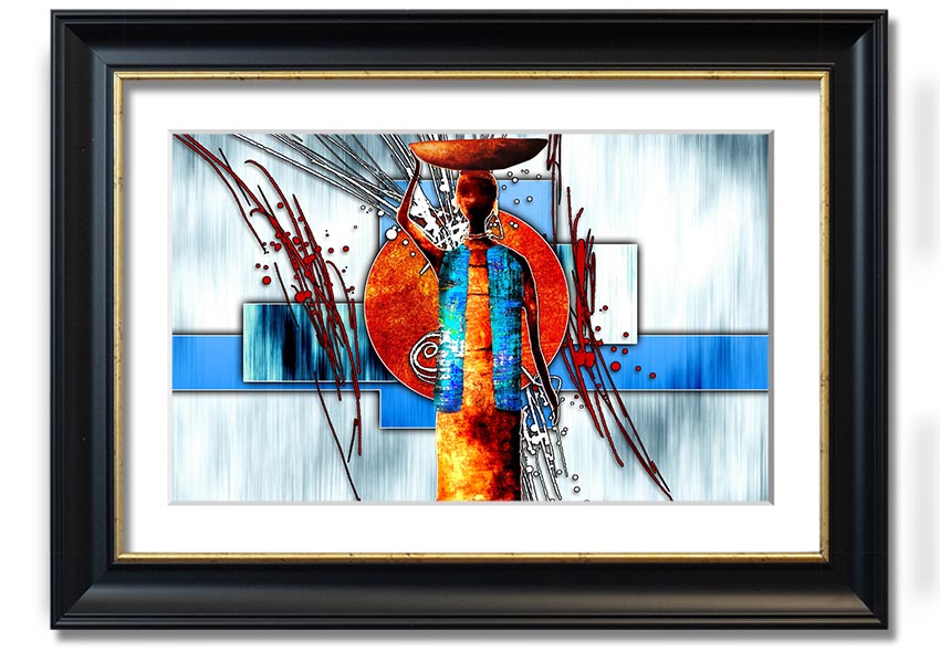 A beautifully framed African Offering print showcasing vibrant colors and intricate designs, ready to hang on a wall.