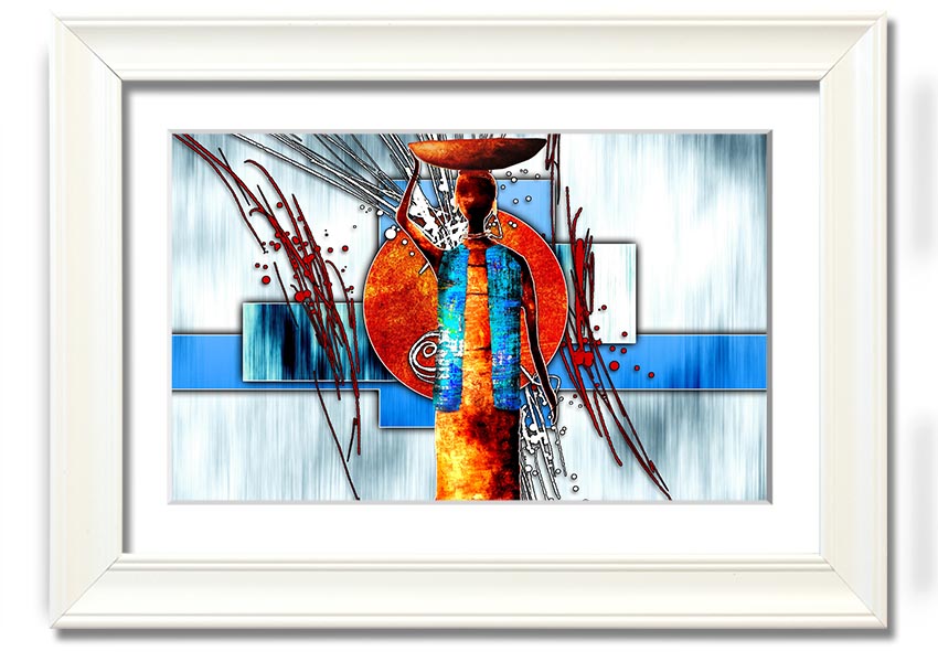 A beautifully framed African Offering print showcasing vibrant colors and intricate designs, ready to hang on a wall.