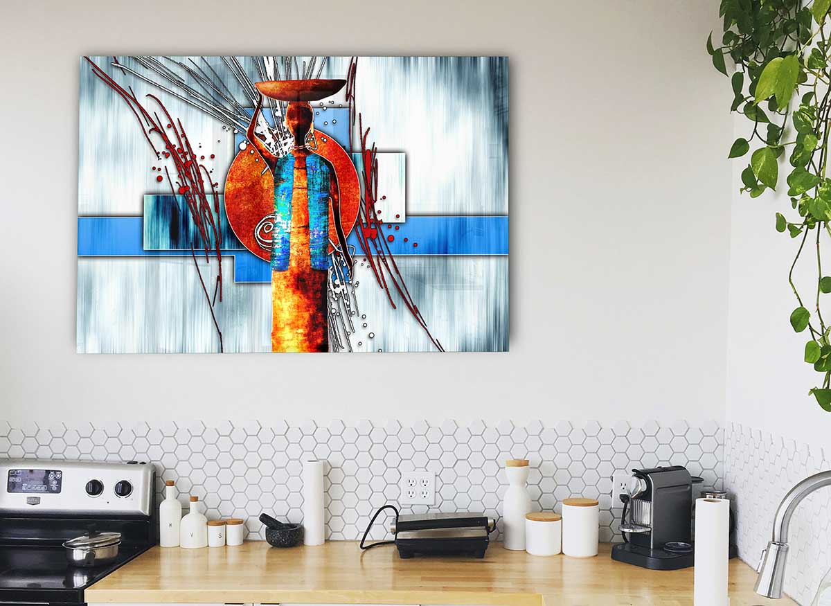 A vibrant African Offering glass print showcasing modern art with intricate details and colors, perfect for home decor.