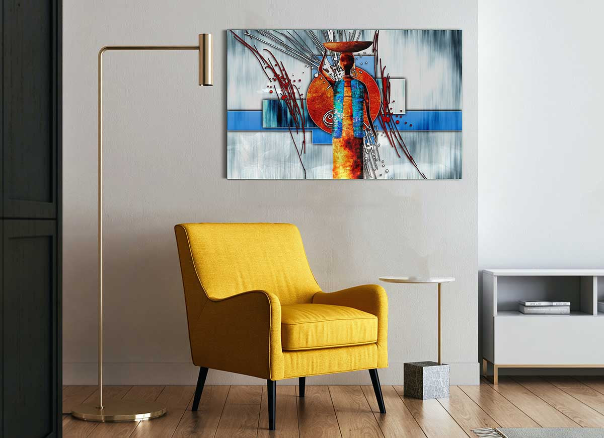 A vibrant African Offering glass print showcasing modern art with intricate details and colors, perfect for home decor.