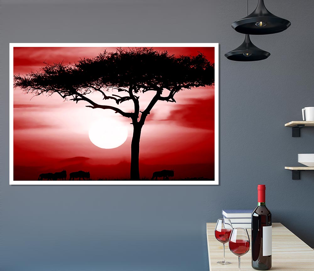 Vibrant African Safari Red poster on high-quality canvas, showcasing stunning wildlife imagery.