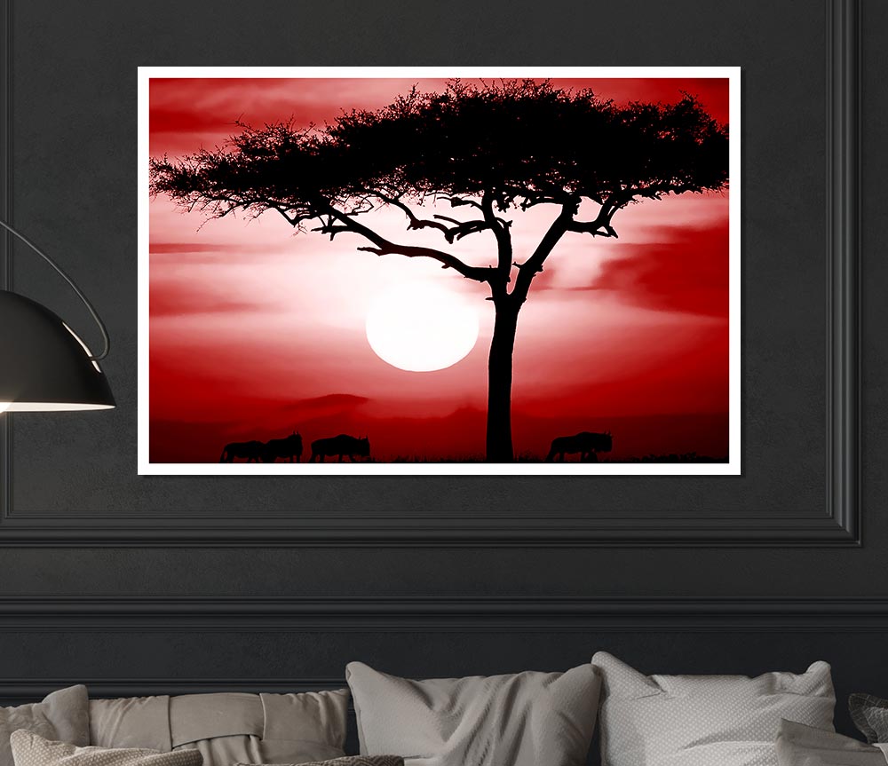 Vibrant African Safari Red poster on high-quality canvas, showcasing stunning wildlife imagery.