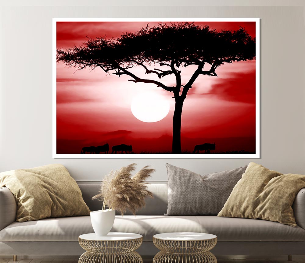 Vibrant African Safari Red poster on high-quality canvas, showcasing stunning wildlife imagery.