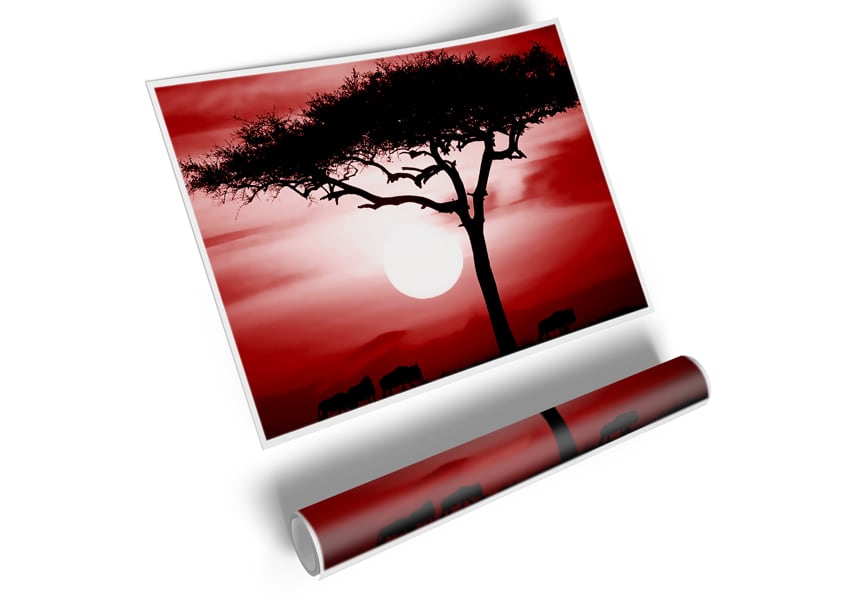 Vibrant African Safari Red poster on high-quality canvas, showcasing stunning wildlife imagery.