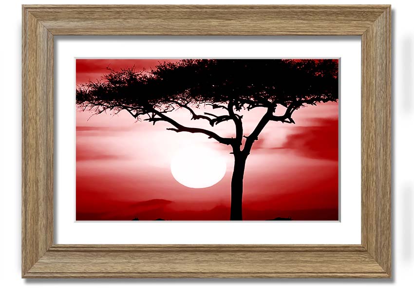 A vibrant African Safari Red framed print showcasing rich colors and intricate details, ready to hang on a wall.