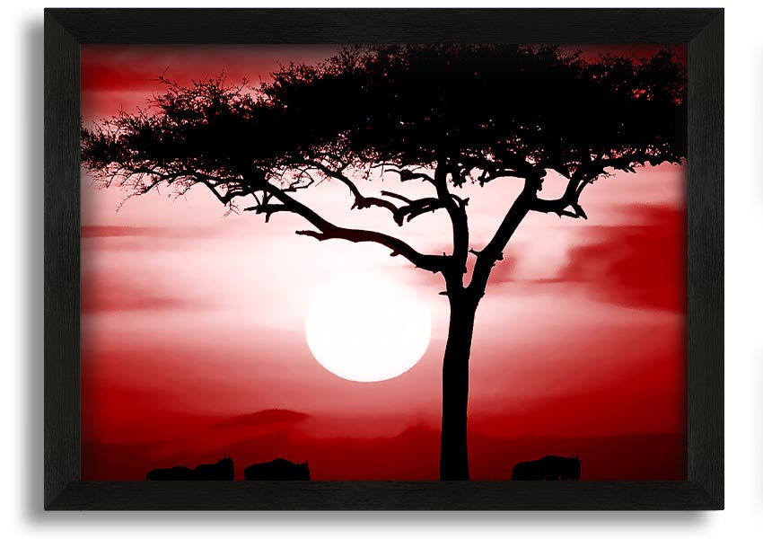 A vibrant African Safari Red framed print showcasing rich colors and intricate details, ready to hang on a wall.