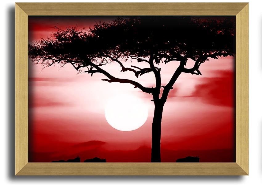 A vibrant African Safari Red framed print showcasing rich colors and intricate details, ready to hang on a wall.