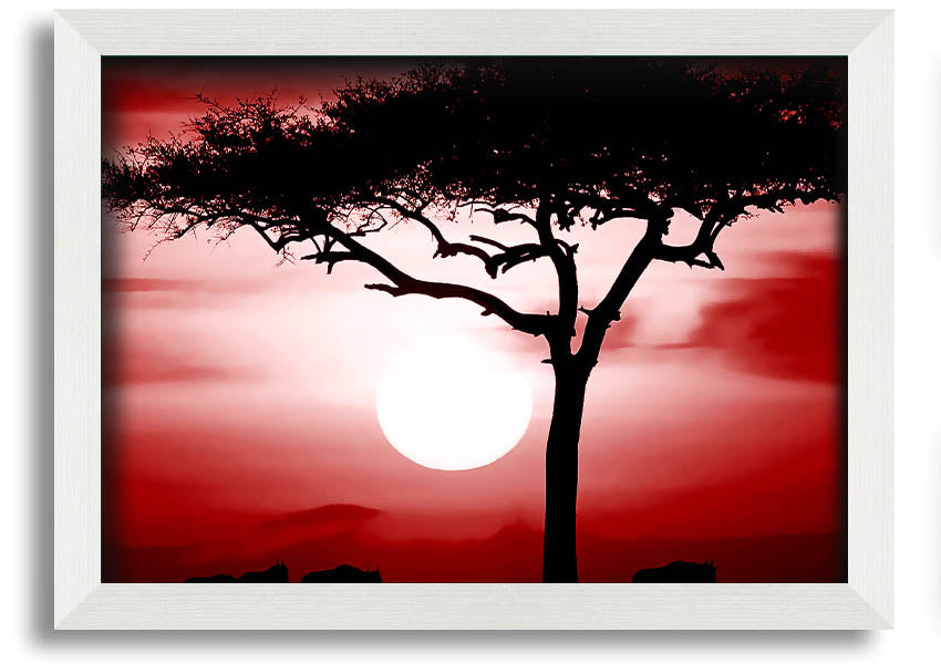 A vibrant African Safari Red framed print showcasing rich colors and intricate details, ready to hang on a wall.