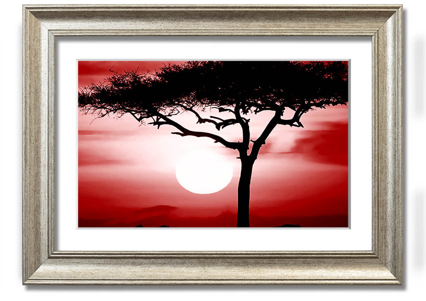 A vibrant African Safari Red framed print showcasing rich colors and intricate details, ready to hang on a wall.