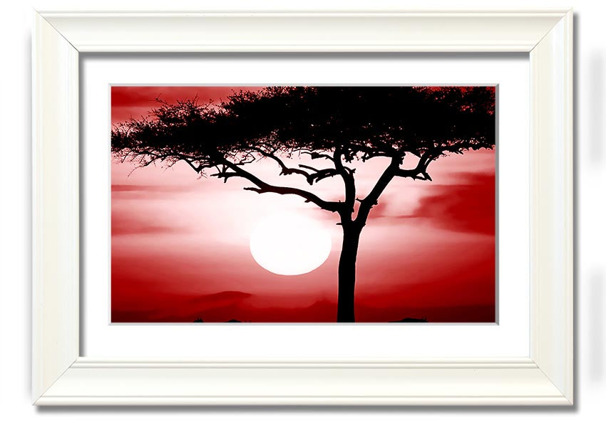 A vibrant African Safari Red framed print showcasing rich colors and intricate details, ready to hang on a wall.