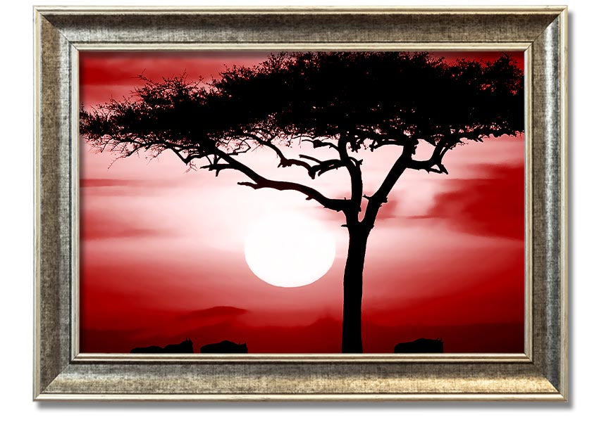 A vibrant African Safari Red framed print showcasing rich colors and intricate details, ready to hang on a wall.