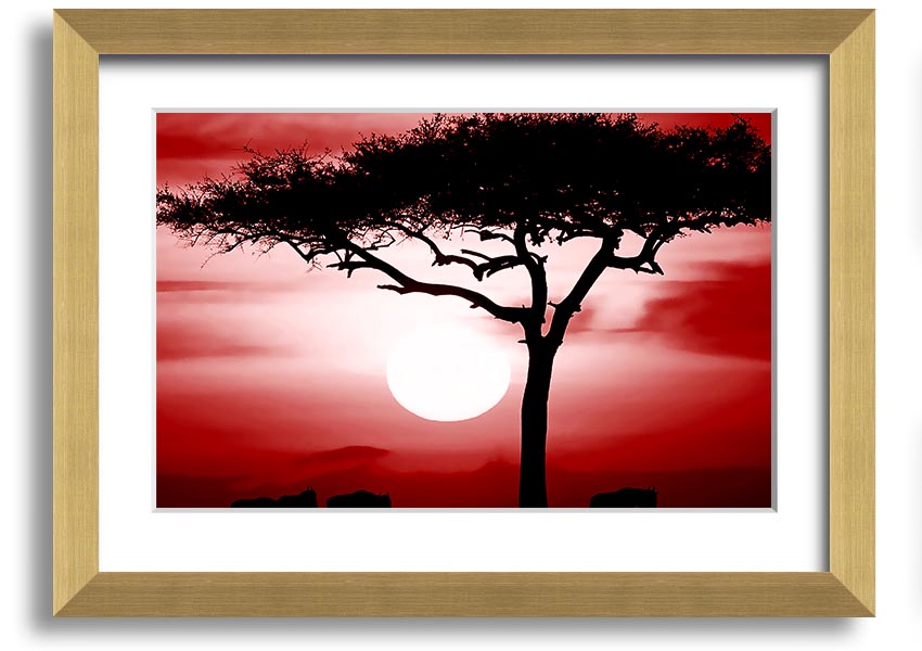 A vibrant African Safari Red framed print showcasing rich colors and intricate details, ready to hang on a wall.