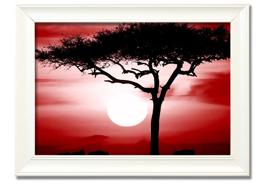 A vibrant African Safari Red framed print showcasing rich colors and intricate details, ready to hang on a wall.