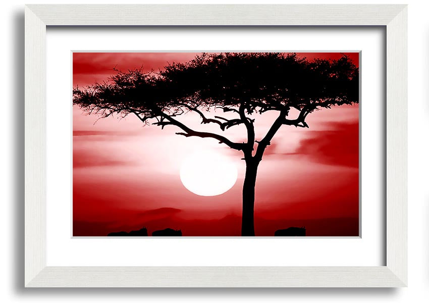 A vibrant African Safari Red framed print showcasing rich colors and intricate details, ready to hang on a wall.