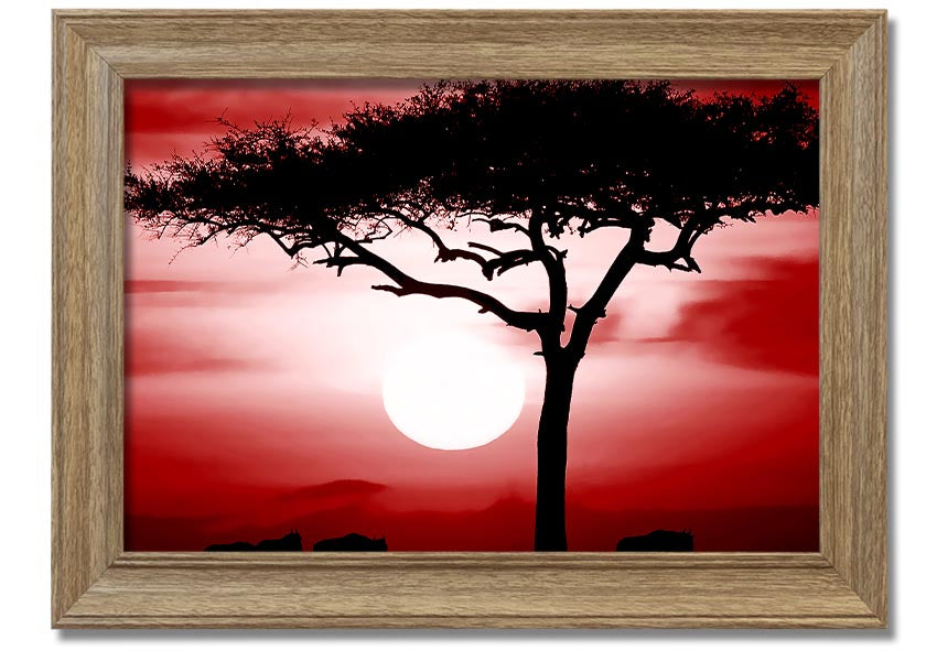 A vibrant African Safari Red framed print showcasing rich colors and intricate details, ready to hang on a wall.