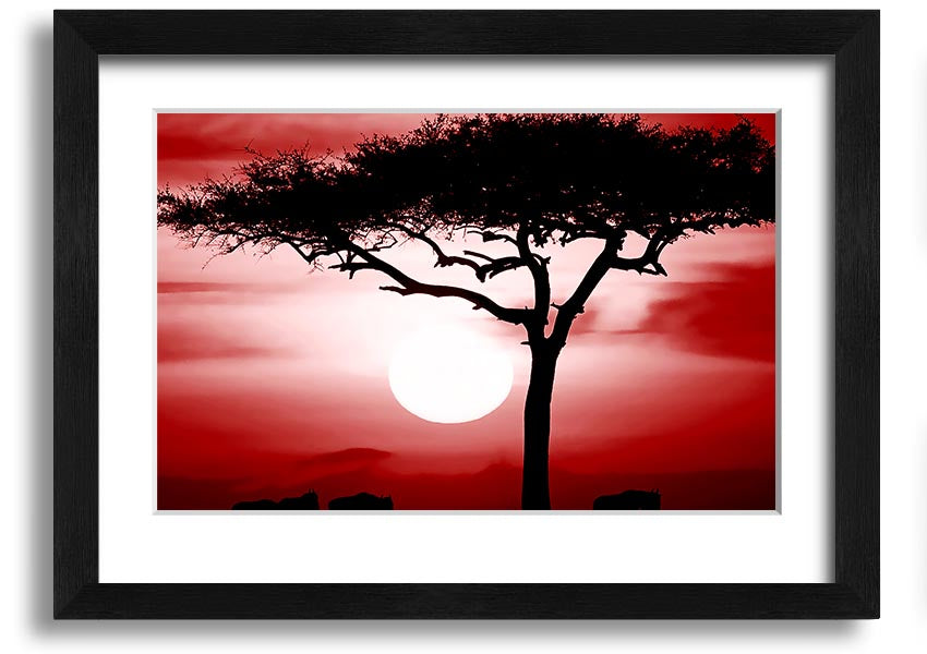 A vibrant African Safari Red framed print showcasing rich colors and intricate details, ready to hang on a wall.