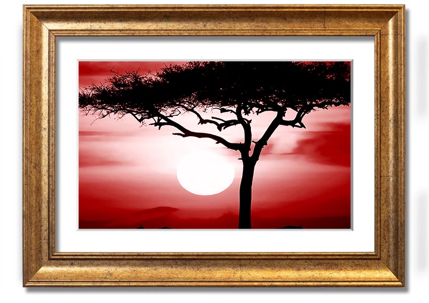 A vibrant African Safari Red framed print showcasing rich colors and intricate details, ready to hang on a wall.