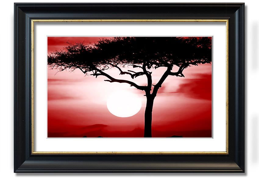 A vibrant African Safari Red framed print showcasing rich colors and intricate details, ready to hang on a wall.