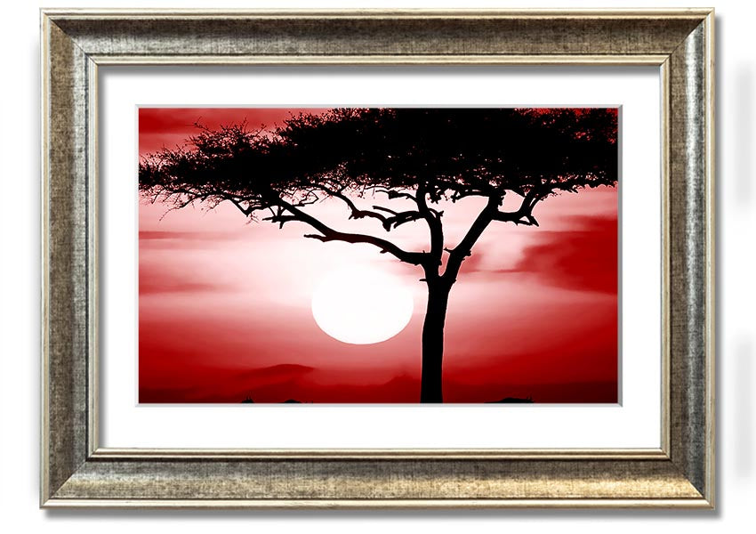 A vibrant African Safari Red framed print showcasing rich colors and intricate details, ready to hang on a wall.