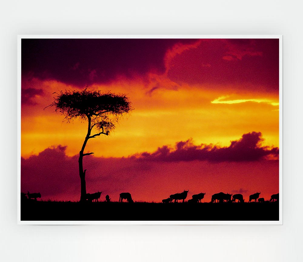 A stunning canvas print of an African sunset over the savannah, showcasing vibrant colors and silhouettes of trees.