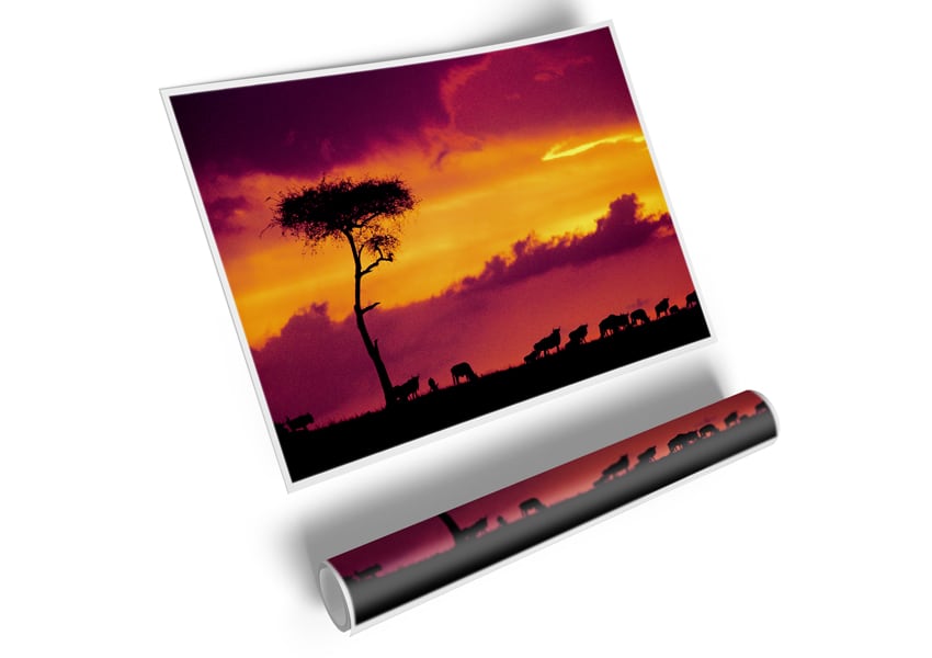 A stunning canvas print of an African sunset over the savannah, showcasing vibrant colors and silhouettes of trees.