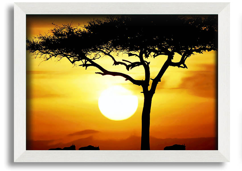 Framed print of an African safari tree illuminated by sunlight, showcasing vibrant colors and intricate details.