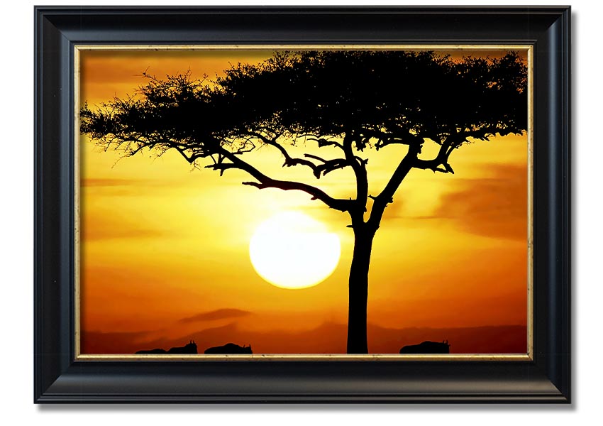 Framed print of an African safari tree illuminated by sunlight, showcasing vibrant colors and intricate details.