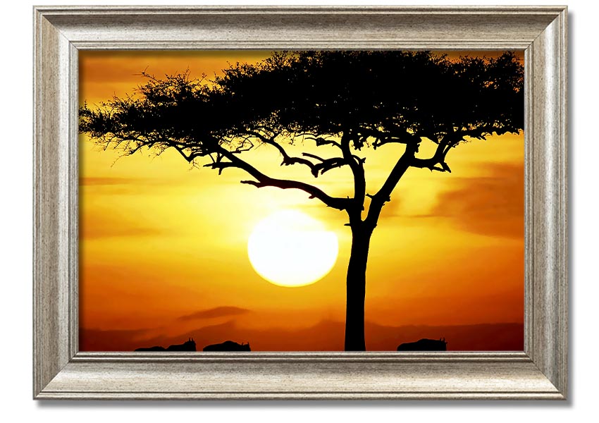 Framed print of an African safari tree illuminated by sunlight, showcasing vibrant colors and intricate details.