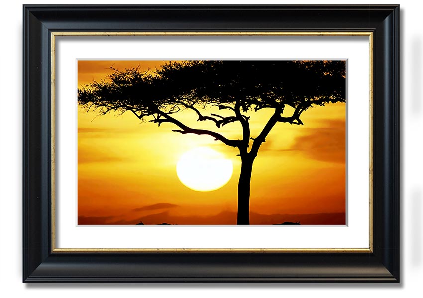 Framed print of an African safari tree illuminated by sunlight, showcasing vibrant colors and intricate details.