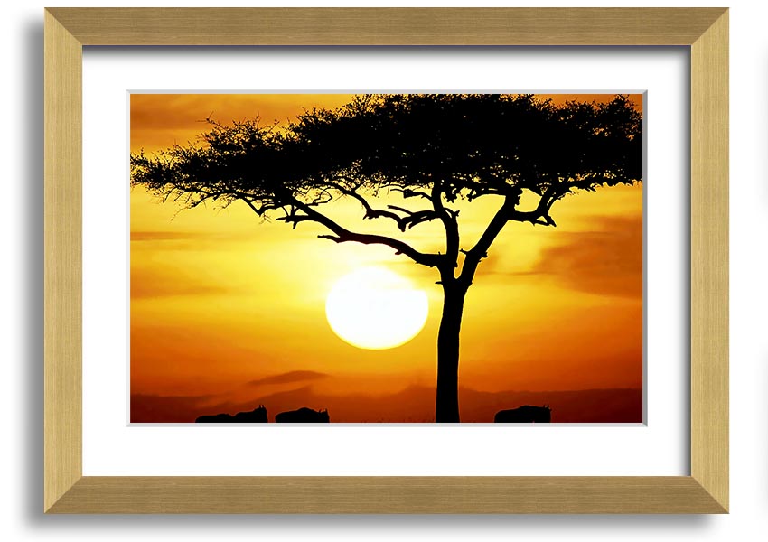 Framed print of an African safari tree illuminated by sunlight, showcasing vibrant colors and intricate details.