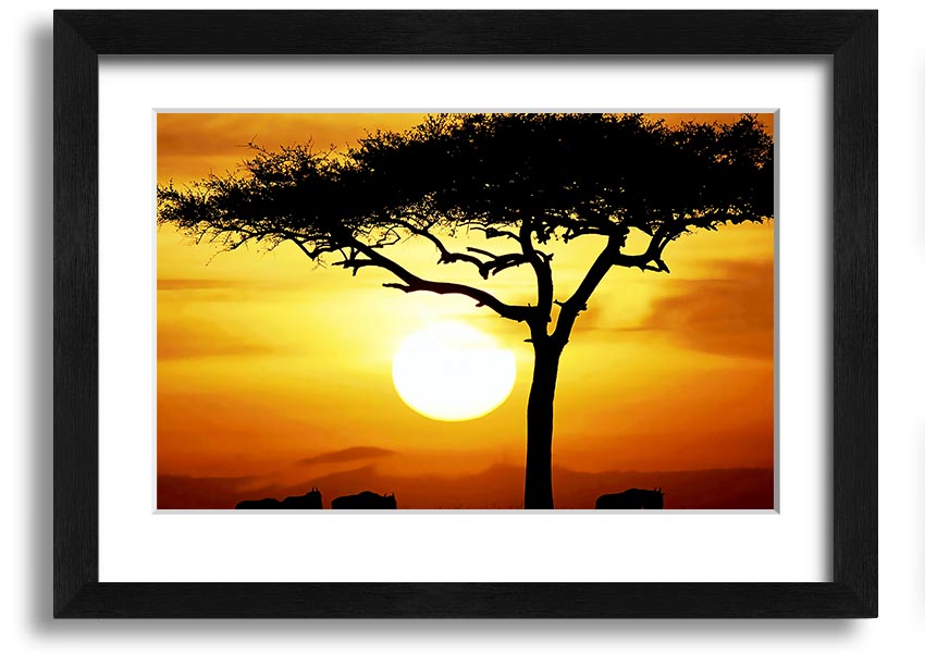 Framed print of an African safari tree illuminated by sunlight, showcasing vibrant colors and intricate details.