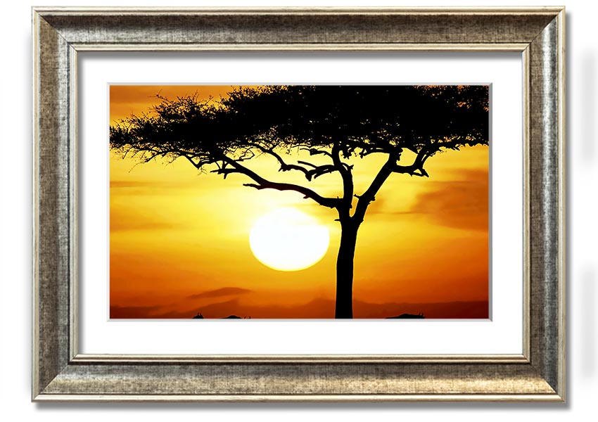 Framed print of an African safari tree illuminated by sunlight, showcasing vibrant colors and intricate details.