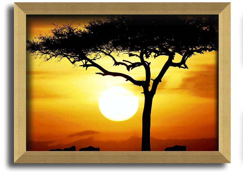 Framed print of an African safari tree illuminated by sunlight, showcasing vibrant colors and intricate details.