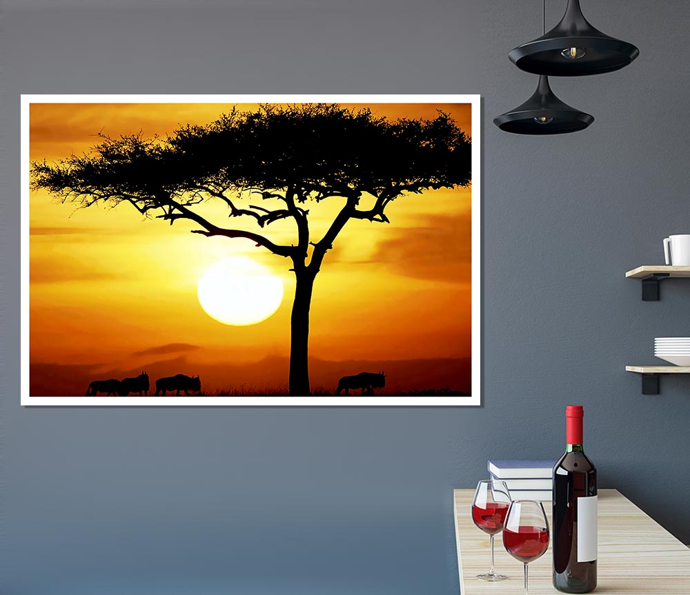 A vibrant canvas poster of an African tree illuminated by sunlight, showcasing intricate details and rich colors.