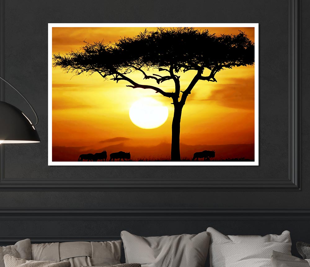 A vibrant canvas poster of an African tree illuminated by sunlight, showcasing intricate details and rich colors.