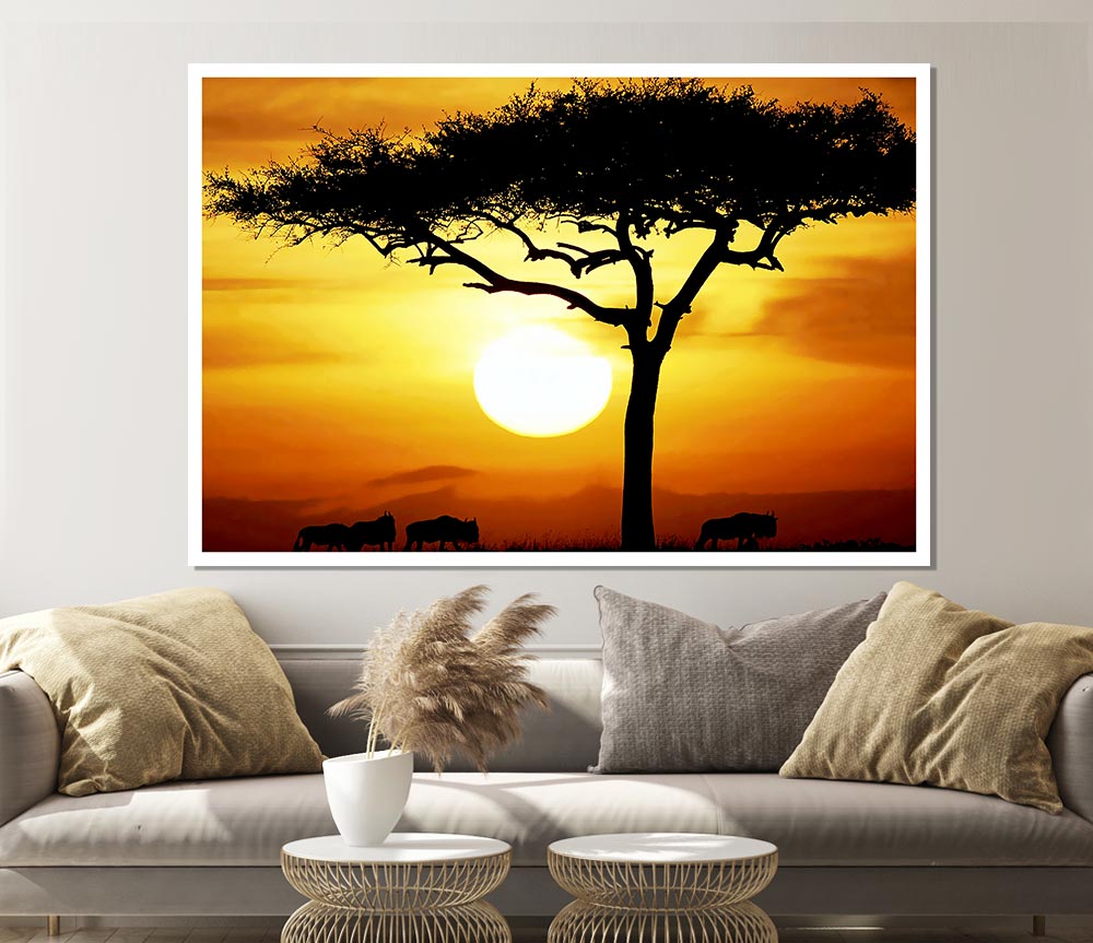 A vibrant canvas poster of an African tree illuminated by sunlight, showcasing intricate details and rich colors.