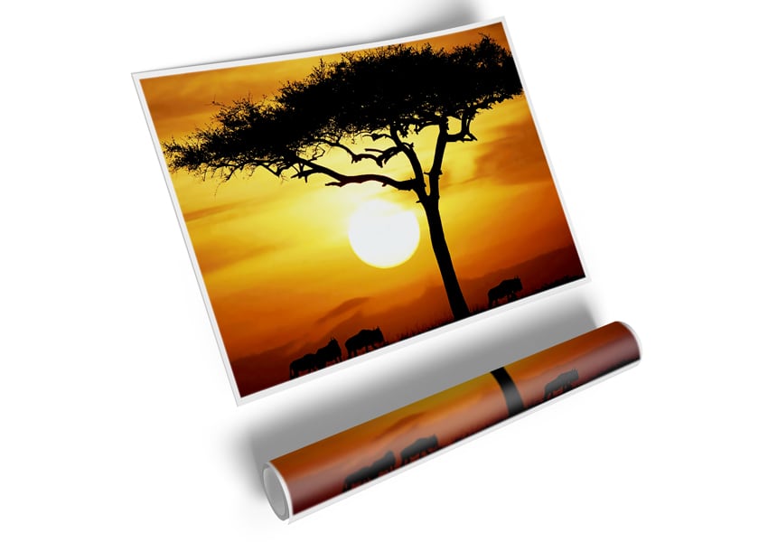 A vibrant canvas poster of an African tree illuminated by sunlight, showcasing intricate details and rich colors.