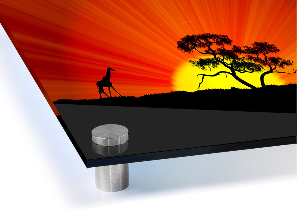 Vibrant African Sunblaze acrylic print on 5mm thick glass, showcasing colorful design ready for wall hanging.