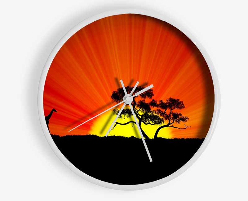 African Sunblaze clock made from natural bamboo with a round face, available in black, white, and natural frame colors.