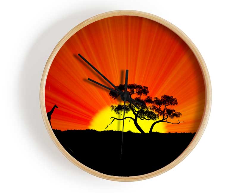 African Sunblaze clock made from natural bamboo with a round face, available in black, white, and natural frame colors.