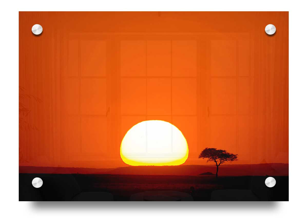 A vibrant acrylic print of an African sunrise, showcasing rich colors and stunning landscape details, ready to hang on the wall.