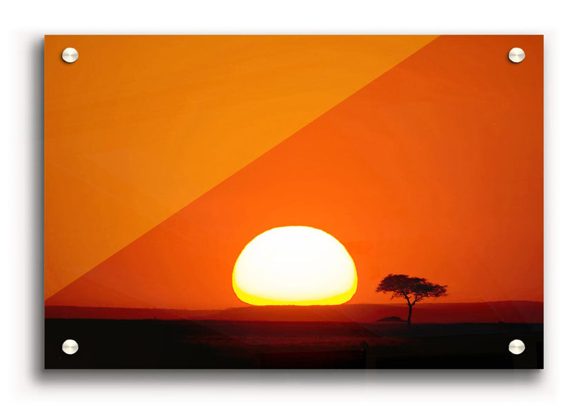 A vibrant acrylic print of an African sunrise, showcasing rich colors and stunning landscape details, ready to hang on the wall.