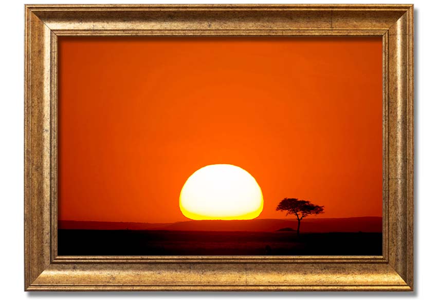 A beautifully framed print of an African sunrise, showcasing vibrant colors and landscape details, ready to hang.