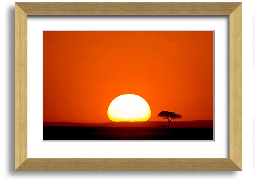 A beautifully framed print of an African sunrise, showcasing vibrant colors and landscape details, ready to hang.