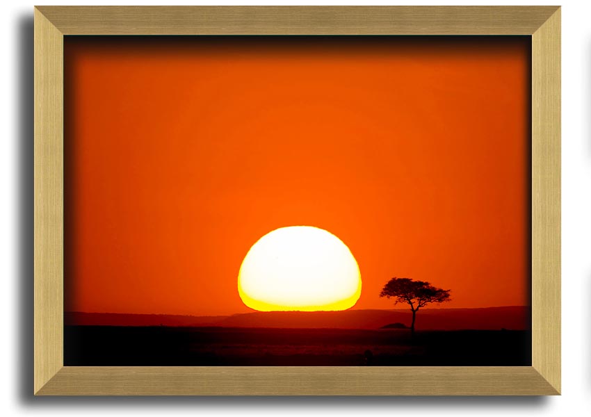 A beautifully framed print of an African sunrise, showcasing vibrant colors and landscape details, ready to hang.