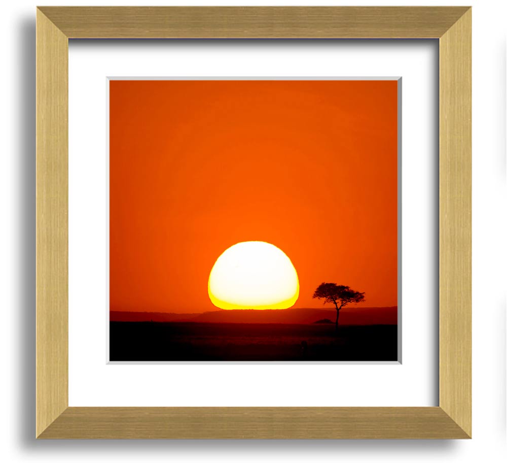 A beautifully framed print of an African sunrise, showcasing vibrant colors and stunning landscape details.