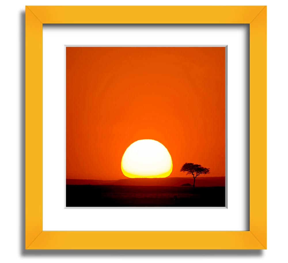 A beautifully framed print of an African sunrise, showcasing vibrant colors and stunning landscape details.