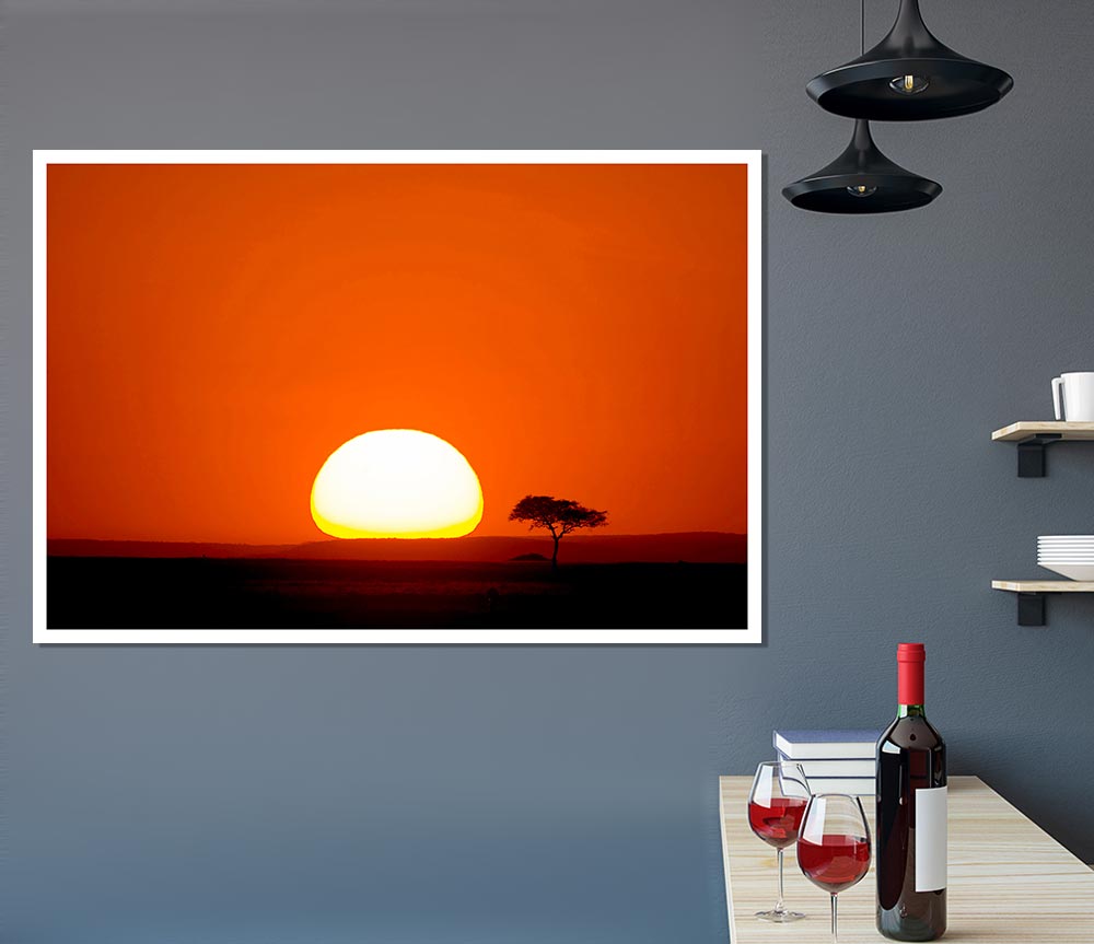 A vibrant canvas poster depicting an African sunrise with warm colors and serene landscape.