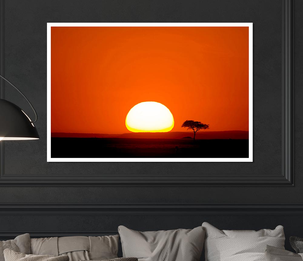 A vibrant canvas poster depicting an African sunrise with warm colors and serene landscape.