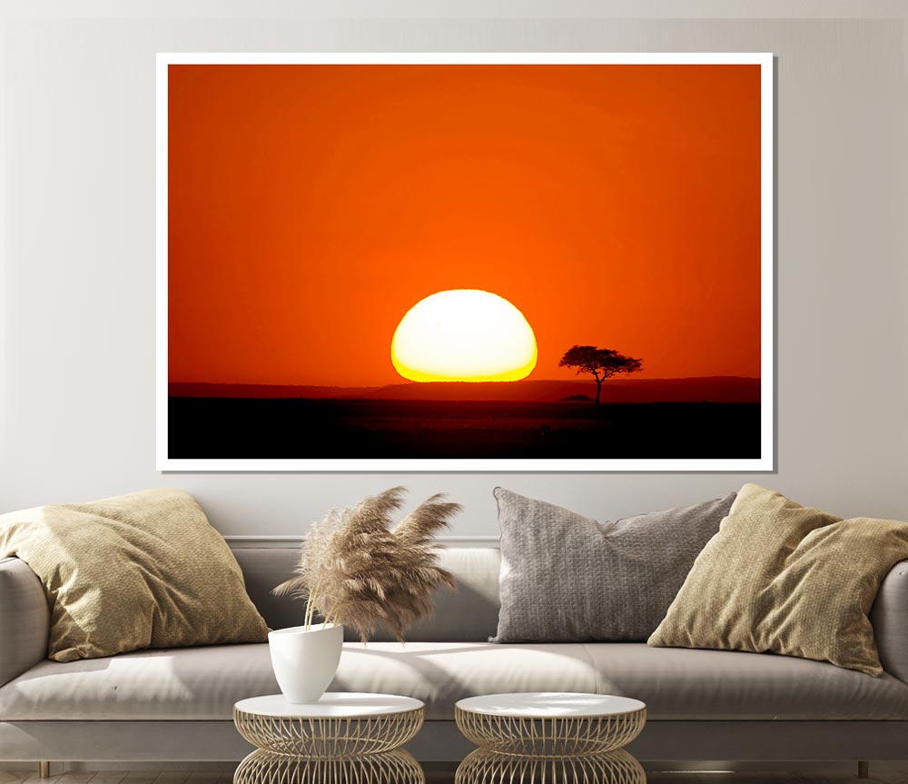 A vibrant canvas poster depicting an African sunrise with warm colors and serene landscape.